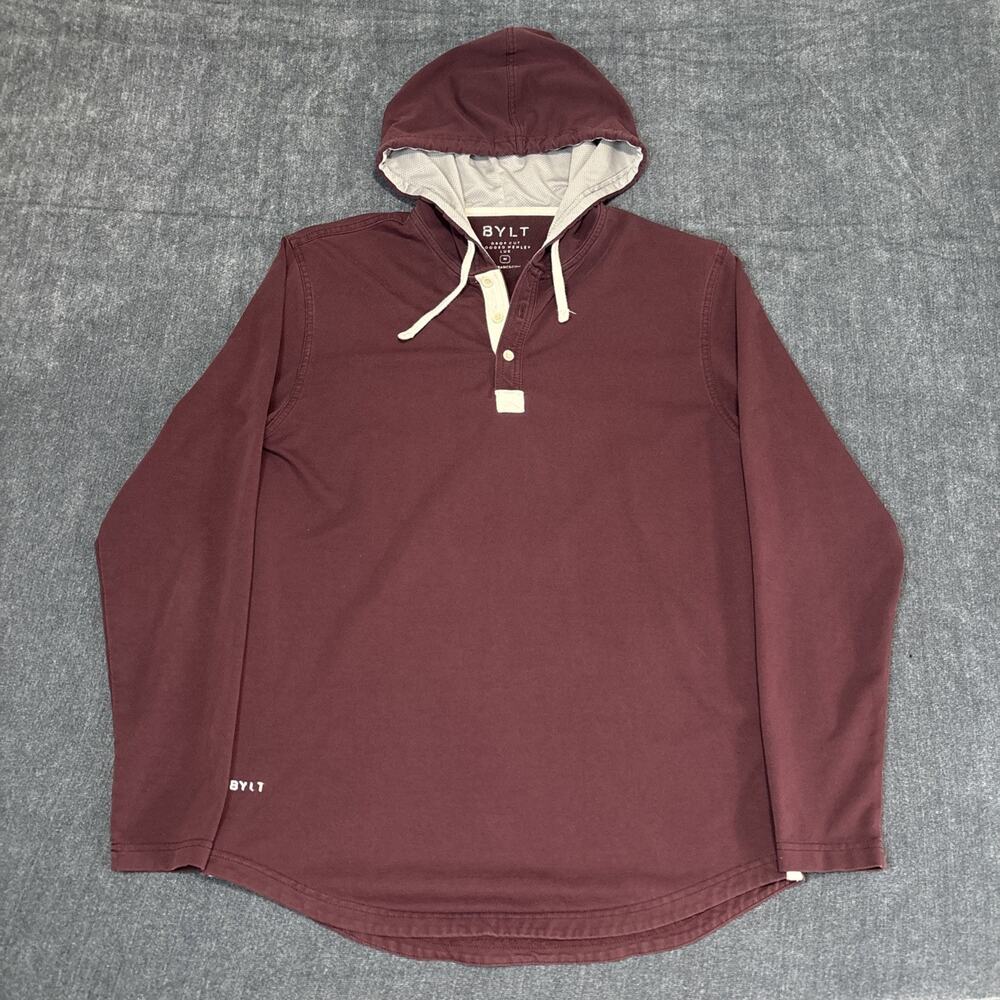 BYLT Hoodie Mens Medium Red Drop-Cut Hooded Henley LUX Long Sleeve